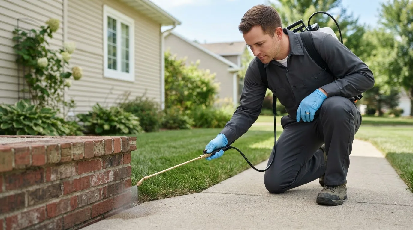 Pest control technician treating a home near San Augustine, TX
